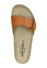 Braune Leder-Sandale mit einem Schnallenriemen, gepolstertem beigen Fußbett und strukturiertem Obermaterial; Markenlogo auf der Innensohle gedruckt.