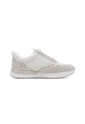 White and light gray sneaker with mesh, suede panels, leopard print accents, and white laces, shown from the side on a white background.