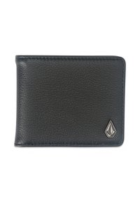 Portefeuille en cuir noir avec une texture lisse, de forme rectangulaire, coutures renforcées et un petit logo métallique dans le coin avant.