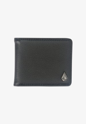 Black leather wallet with a smooth texture, rectangular shape, reinforced stitching, and a small metallic logo on the front corner.