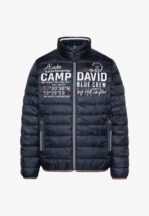 Navy puffer jacket featuring a stand collar, quilted texture, and printed graphics. Includes zippered pockets and striped accents at cuffs.