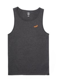 Débardeur gris foncé sans manches avec un petit logo "Volcom" orange sur la poitrine et une étiquette noire sur l'ourlet inférieur.