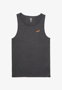Camiseta sin mangas de color gris oscuro con pequeño logo "Volcom" en naranja en el pecho y una etiqueta negra en el dobladillo inferior.