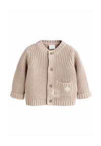 Beige gestrickte Strickjacke mit rundem Halsausschnitt, fünf Knöpfen, gerippten Bündchen und einer Tasche mit einem Blattmuster. Weiches, strukturiertes Material.