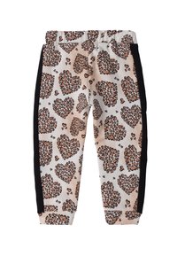 Leggings avec un fond blanc décoré de motifs léopard marron et de cœurs roses. Taille élastique et panneaux latéraux noirs. Texture de tissu douce.