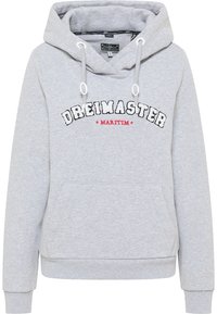 Grijze hoodie gemaakt van zachte stof, met een voorvak, trekkoorden en het geborduurde "DreiMaster" logo in zwart met rode accenten.