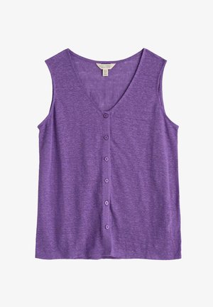 Lilla ærmeløs top med v-hals, knaplukning foran og et blødt, tekstureret stof. Simpelt design uden mønstre eller accenter.