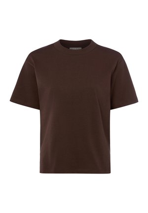 Plain dark brown short-sleeve crew neck cotton T-shirt with a regular fit, displayed on a white background.