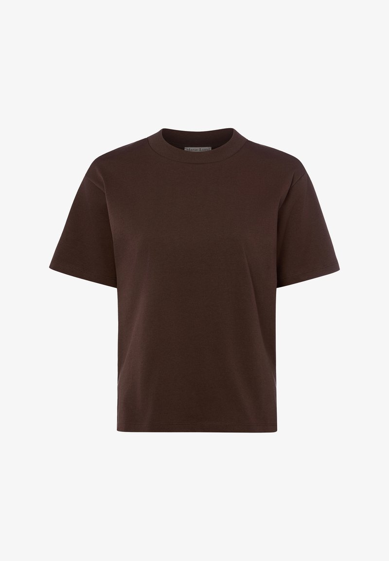 T-shirt en coton marron foncé uni à manches courtes et col rond, coupe régulière, présenté sur un fond blanc.