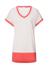 T-shirt a manica corta con scollo a V di colore bianco, con dettagli corallo lungo il colletto e l'orlo. Vestibilità rilassata, realizzato in tessuto morbido.