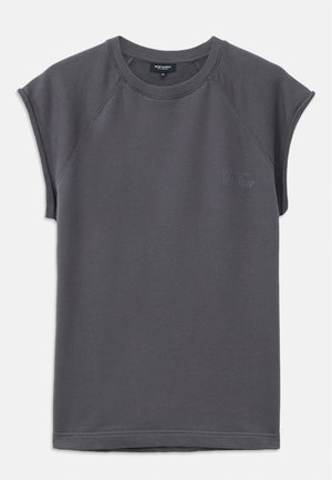 Graues Kurzarm-Sweatshirt, aus Baumwollmischung, kastige Form, gerippter Rundhalsausschnitt, mit subtil gesticktem Text auf der Brust.