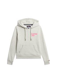 Lichtgrijze hoodie van een katoenmix, met een voorzak in kangoeroestijl, verstelbare koordjes en een roze bedrukte logo op de borst.