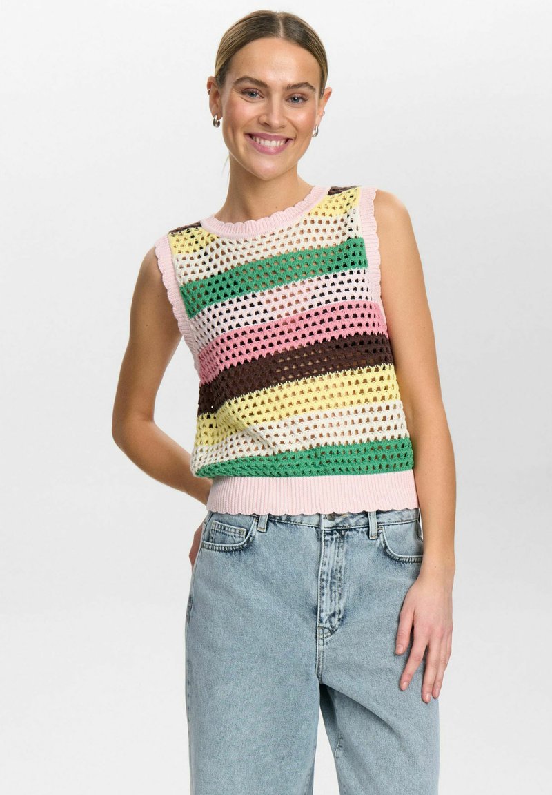 Ärmelloses Stricktop mit einem mehrfarbigen Streifenmuster in Grün, Pink, Braun und Gelb. Gerippter Wellen-Halsausschnitt und Saum.