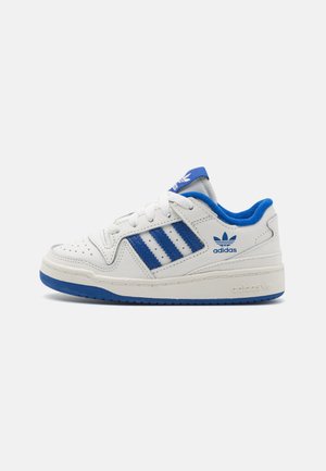 White leather sneakers with blue accents, featuring three striped designs, a padded collar, rubber sole, and perforated detailing on the toe.