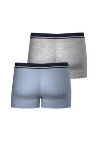 Deux paires de boxers pour hommes : l'une grise avec une finition texturée, l'autre bleu clair, toutes deux avec une ceinture noire dotée d'une bande contrastante.