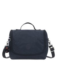 Borsa a tracolla blu navy con chiusura a pattina, materiale tessile, manico superiore, tracolla regolabile e un charm a forma di scimmietta pelosa attaccato.