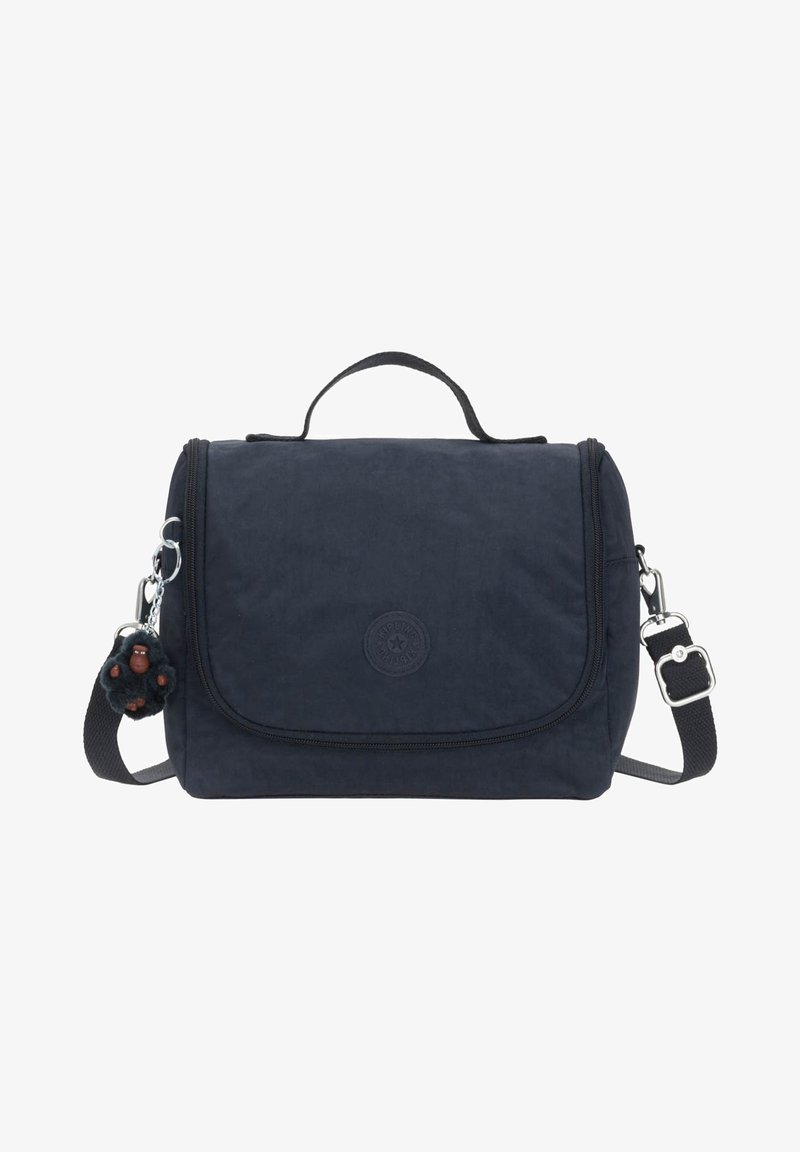 Borsa a tracolla blu navy con chiusura a pattina, materiale tessile, manico superiore, tracolla regolabile e un charm a forma di scimmietta pelosa attaccato.
