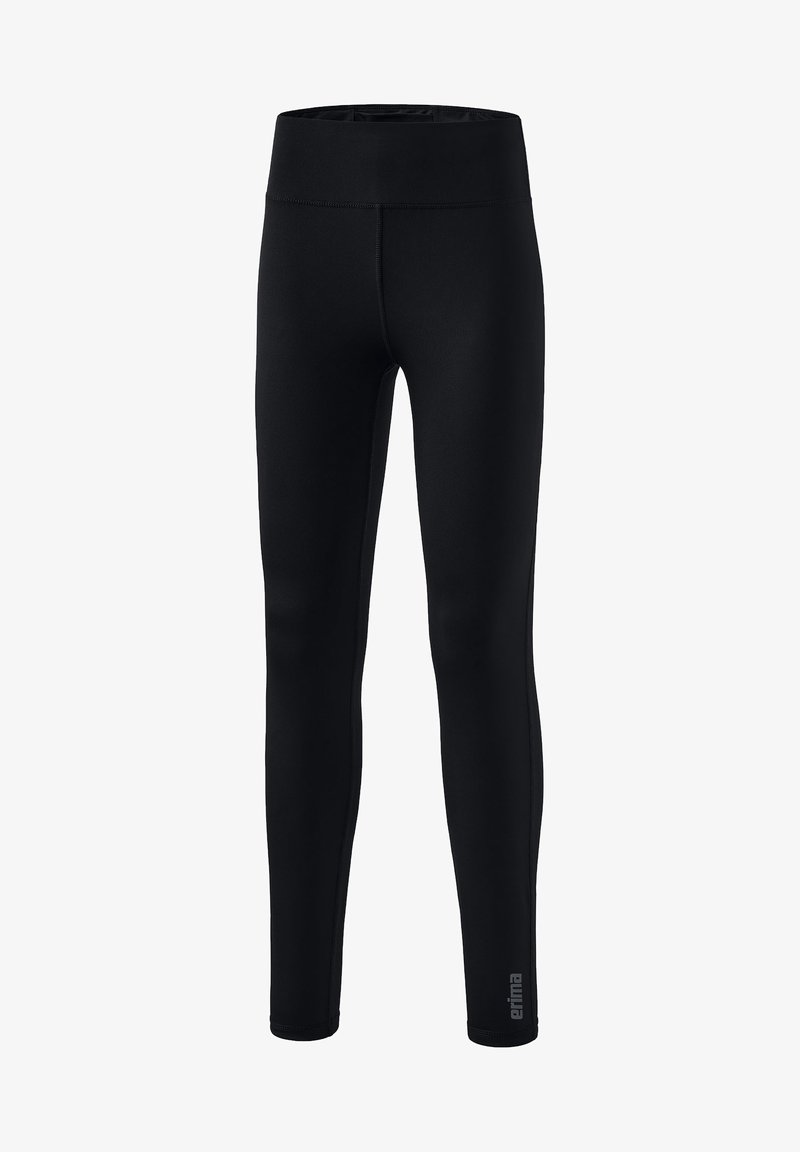 Leggings negros con una cintura alta, fabricados en un material elástico. Presentan una textura suave y un detalle de costura mínimo, con un pequeño logo en el dobladillo.