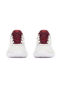 White athletic shoes with maroon accents, textured mesh upper, thick white sole, and lace-up front design. Branding displayed on the tongue.