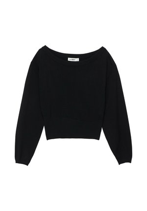 Czarny krótki sweter z długim rękawem, szerokim dekoltem oraz prążkowanymi mankietami i dołem, oznaczony marką Pull&Bear, ułożony na białym tle.