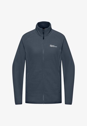 Dunkelgraue Fleecejacke mit einem hohen Kragen, Reißverschluss vorne und Logo auf der linken Brust. Verfügt über Seitentaschen und eine weiche Textur.