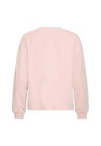 Světle růžová mikina, bavlněná směs, kulatý výstřih, dlouhé rukávy s elastickými manžetami, volný střih, hladká textura, minimalistický design, bez viditelného loga.