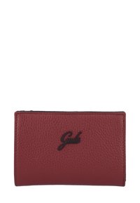 Portafoglio in pelle rossa a trama con dettaglio logo nero, forma rettangolare e bordi cuciti, con una finitura liscia.