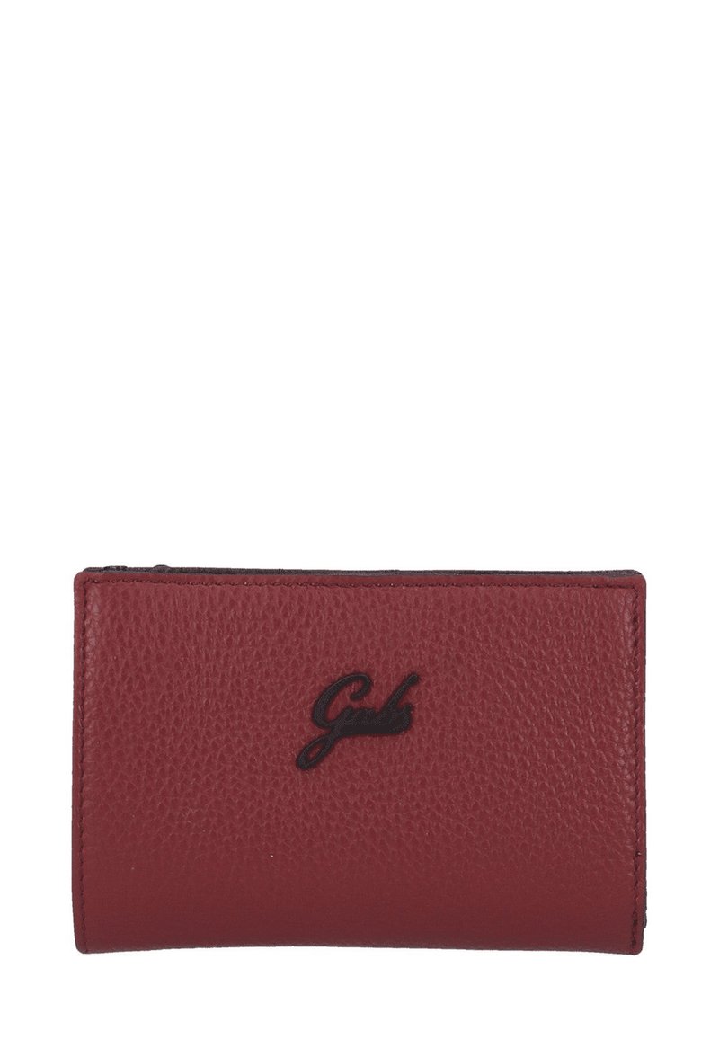Portafoglio in pelle rossa a trama con dettaglio logo nero, forma rettangolare e bordi cuciti, con una finitura liscia.