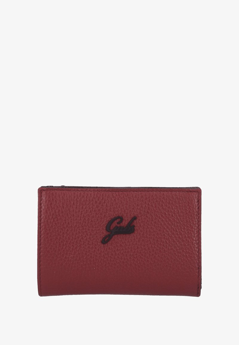 Portafoglio in pelle rossa a trama con dettaglio logo nero, forma rettangolare e bordi cuciti, con una finitura liscia.