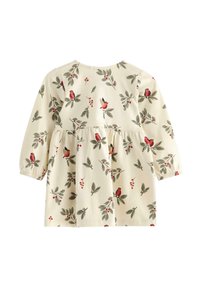 Langarmkleid aus cremefarbenem Baumwollstoff mit geraffter Taille, das mit einem floralen Muster aus roten Vögeln und grünen Blättern verziert ist.