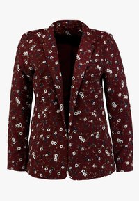 Bordowy blezer z kwiatowym wzorem w białe i niebieskie kwiaty. Dopasowany krój z wyciętym klapem i otwartym przodem. Gładka tekstura tkaniny.