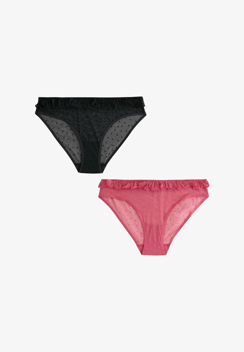 Black and pink panties with sheer fabric, polka dot pattern, and ruffled waistbands. The black pair is positioned above the pink pair.