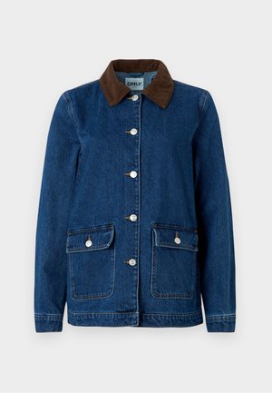Denim jacket with a dark blue finish, brown corduroy collar, silver snap buttons, and two front pockets. Features a classic design.