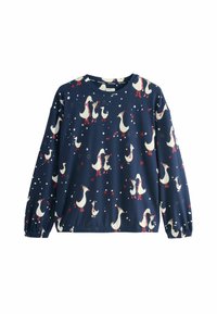 Navy blue sweatshirt featuring white ducks with red accents and snowflakes. Made of soft fabric, with long sleeves and a gathered hem.