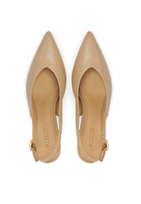 Beige spitze Slingback-Ballerinas mit goldenen Schnallenriemen und markierten Innensohlen, von oben auf weißem Hintergrund gezeigt.