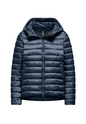 Giubbotto imbottito blu navy con cappuccio, caratterizzato da pannelli trapuntati orizzontali, una zip completa e tasche laterali. Realizzato in materiale leggero e lucido.