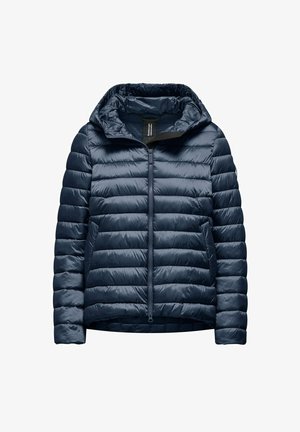 Giubbotto imbottito blu navy con cappuccio, caratterizzato da pannelli trapuntati orizzontali, una zip completa e tasche laterali. Realizzato in materiale leggero e lucido.