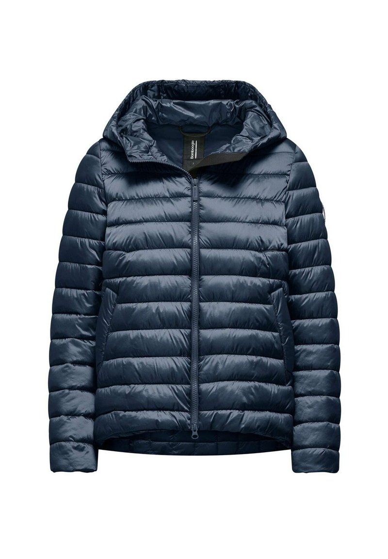 Giubbotto imbottito blu navy con cappuccio, caratterizzato da pannelli trapuntati orizzontali, una zip completa e tasche laterali. Realizzato in materiale leggero e lucido.