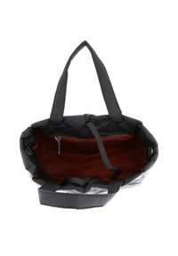 Sac cabas noir avec extérieur matelassé et finition brillante. Intérieur doté d'une doublure rouge et d'une poche zippée. Deux poignées solides.