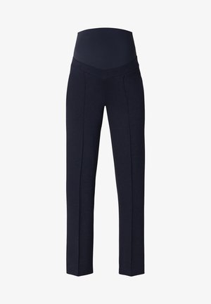 Marine zwangerschapsbroek met een gladde, elastische hoge tailleband. Gemaakt van zachte, rekbare stof, met rechte pijpen en subtiele stiksel details.