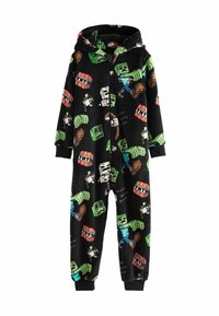 Tuta in pile nera con personaggi colorati di Minecraft e grafiche di TNT, dotata di cappuccio, chiusura con zip e polsini elastici.