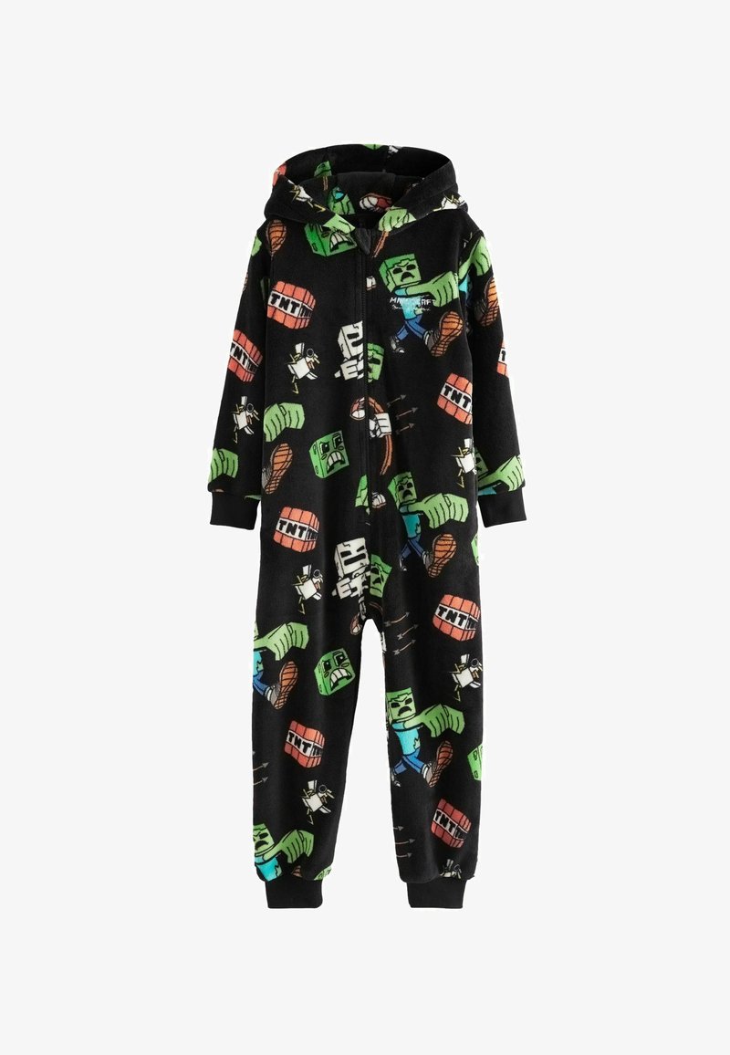 Fekete polár overál, színes Minecraft karakterekkel és TNT grafikával, kapucnival, cipzáros záródással és rugalmas mandzsettákkal.