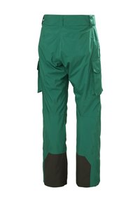 Groene waterdichte cargobroek met een donkerbruin kniegedeelte, zijzakken en een rechte pasvorm. Gemaakt van duurzaam materiaal.