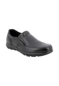 Scarpa slip-on nera realizzata in pelle liscia. Presenta una punta arrotondata, cuciture sottili, pannelli laterali elasticizzati e una suola in gomma testurizzata.