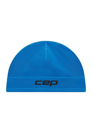 Felblauwe, rekbare sportbeanie met zichtbare stiksels en zwart "cep"-logo middenvoor.