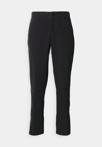 Pantalons noirs ajustés à jambe droite, en tissu léger, dotés d'une fermeture à bouton et de poches latérales pour plus de fonctionnalité.