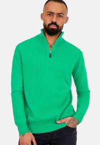 Grüne Zip-Up-Strickjacke aus gestricktem Stoff. Verfügt über einen hohen Kragen sowie Rippbündchen und -saum. Glatte Textur und moderne Passform.