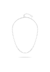 Zilveren ketting met langgerekte, rechthoekige schakels, gladde textuur, verstelbare lengte met een kleine sluiting en verlengkettinkje.