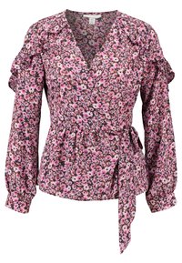 Blommig blus med rosa prästkragar på en mörk bakgrund, långa puffärmar med volangdetaljer och en knytning i midjan.