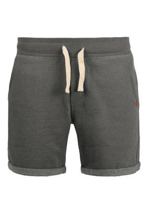 Pantalones cortos de algodón gris oscuro con dobladillos enrollados y cordón blanco en la cintura elástica, con bolsillos laterales y una pequeña etiqueta de logo marrón.